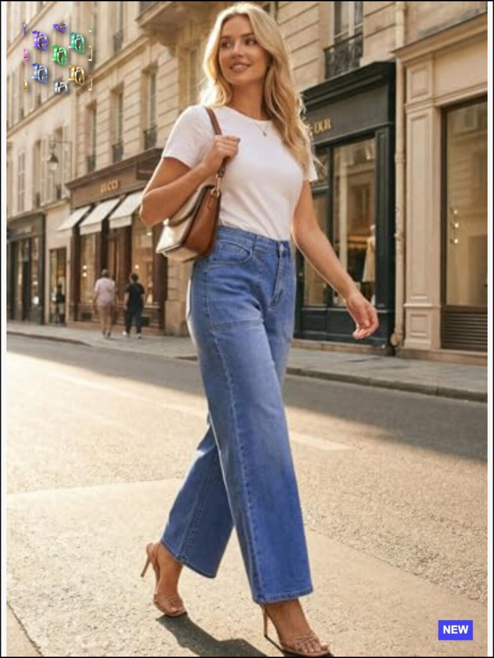 High Waisted Wide Leg Jeans Stretch Denim Pants Front Patch Pockets Retro Y2K - Picture 2 of 7